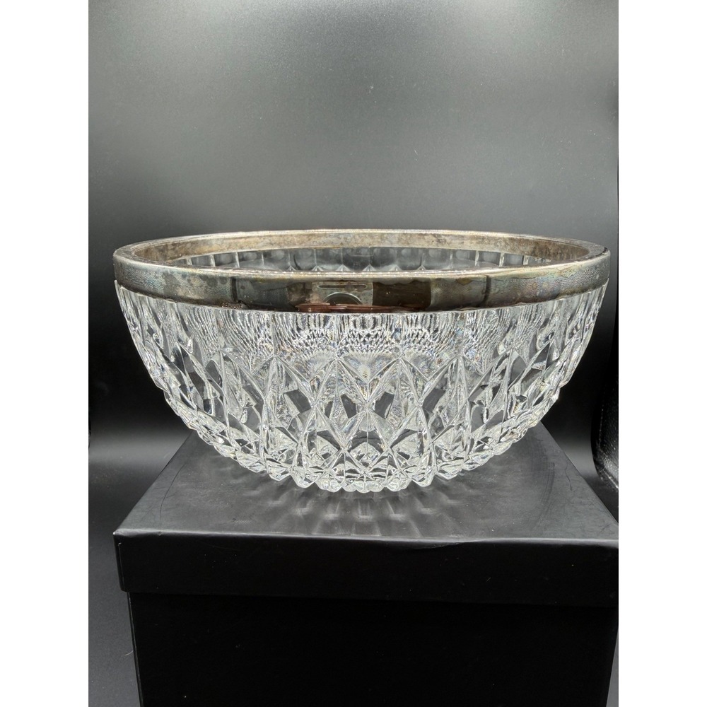 ✨🇩🇪 Vintage Pressed Glass Bowl w/ Silverplate Rim – Germany–MC Diamond Pattern - Picture 3 of 8